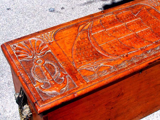 A 19th century American made Sailor's Chest with Rarely seen carved lid featuring a ship flanked by two anchors circa 1850. — image 2